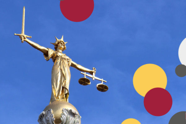 Image of statue of Lady of Justice atop the Old Bailey, with Music Mark's yellow, red and grey circle branding layed over the image.