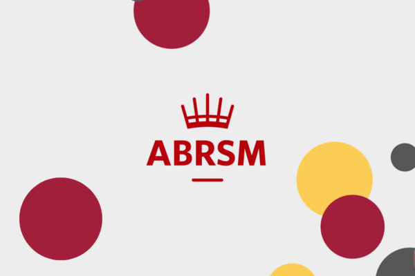 "ABRSM" logo with stylised crown above name text. Grey Background with Music mark coloured red and yellow circles strewn across it.