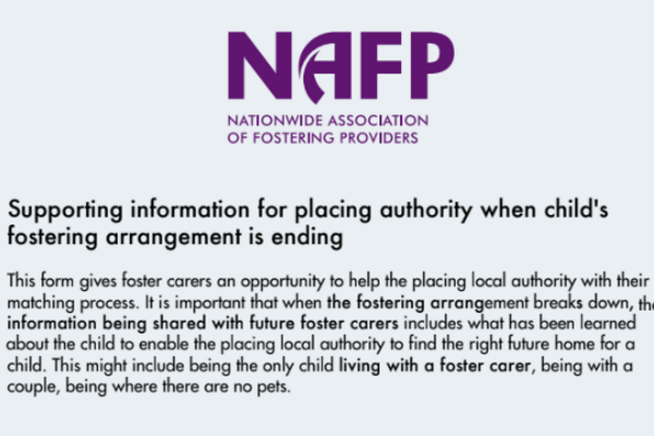 NAFP supporting information for placing authority when child's fostering arrangement is ending Jun24