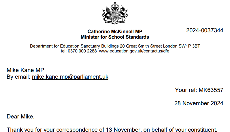 Letter head of email from Catherine McKinnell.