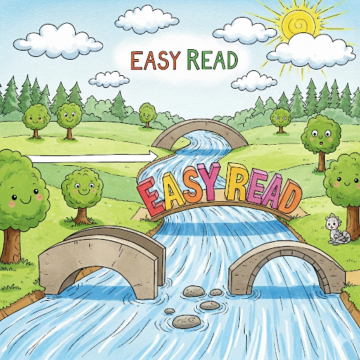 a cartoon of bridges over a river which are connecting two green fields under a sunny blue sky. The words Easy Read are written on one bridge.