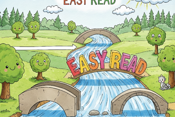 a cartoon of bridges over a river which are connecting two green fields under a sunny blue sky. The words Easy Read are written on one bridge.