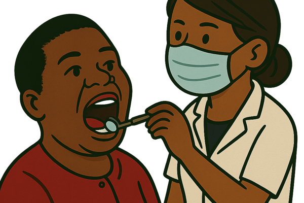 A cartoon image of a dentist checking Sam´s teeth 