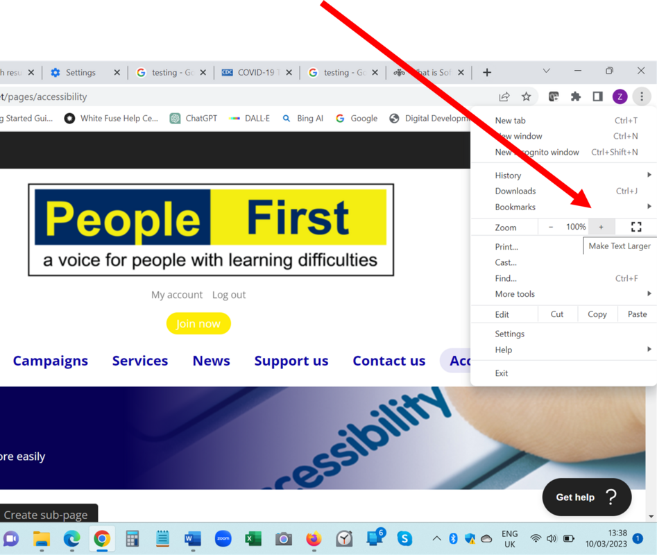A screenshot of a People First website page with an arrow pointing to the zoom function on the right hand side in the Chrome browser
