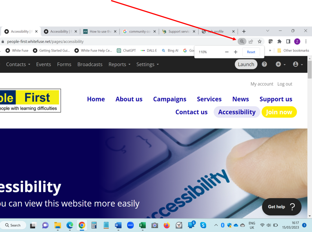 A screenshot of a People First website page with an arrow pointing to the magnifying glass in the Chrome browser bar