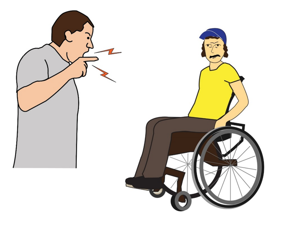 An image of an angry man shouting at a disabled person