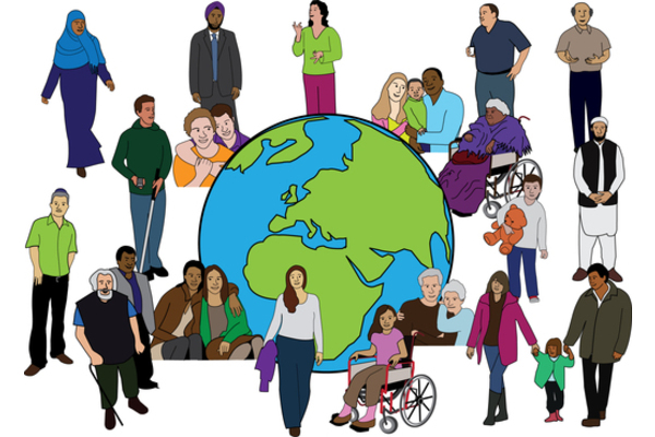 An image of a number of diverse disabled people gathered around a world globe 