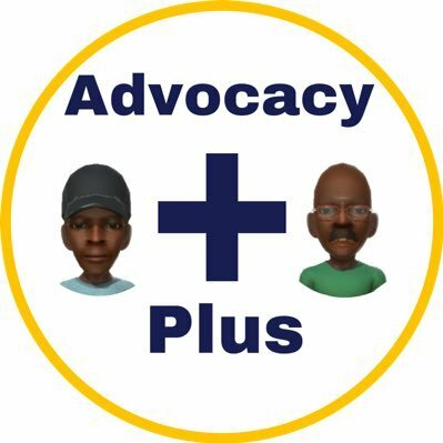 The Advocacy Plus logo - a yellow circle featuring two black men and a plus sign