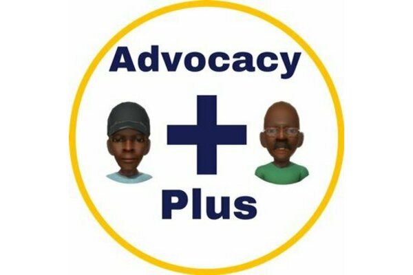 The Advocacy Plus logo - a yellow circle featuring two black men and a plus sign