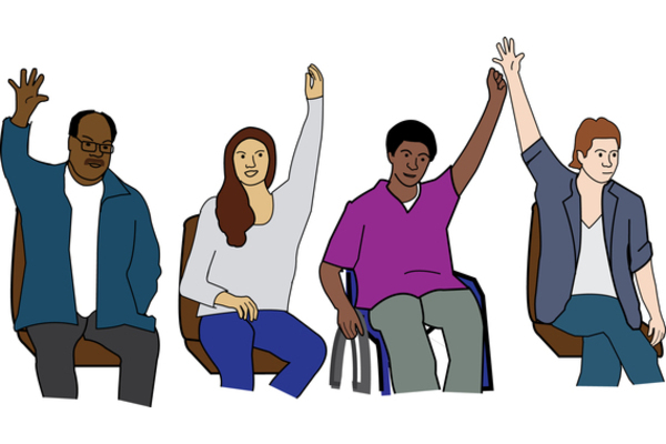 A diverse group of people sitting down each with one arm raised
