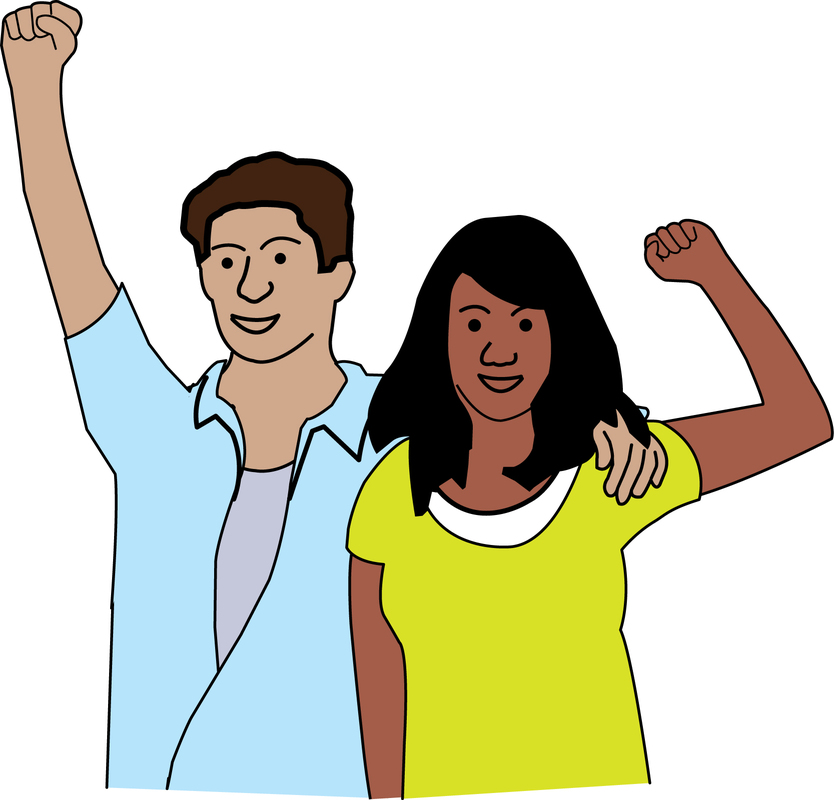 a man with his arm around a woman with their arms raised in a sign of protest or victory
