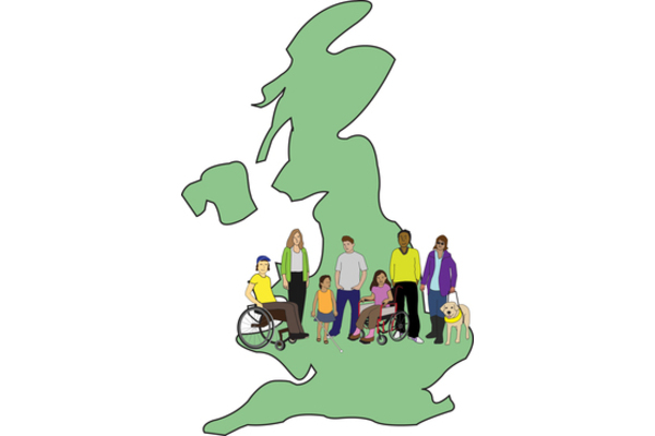 A diverse group of disabled people standing on an image of the UK
