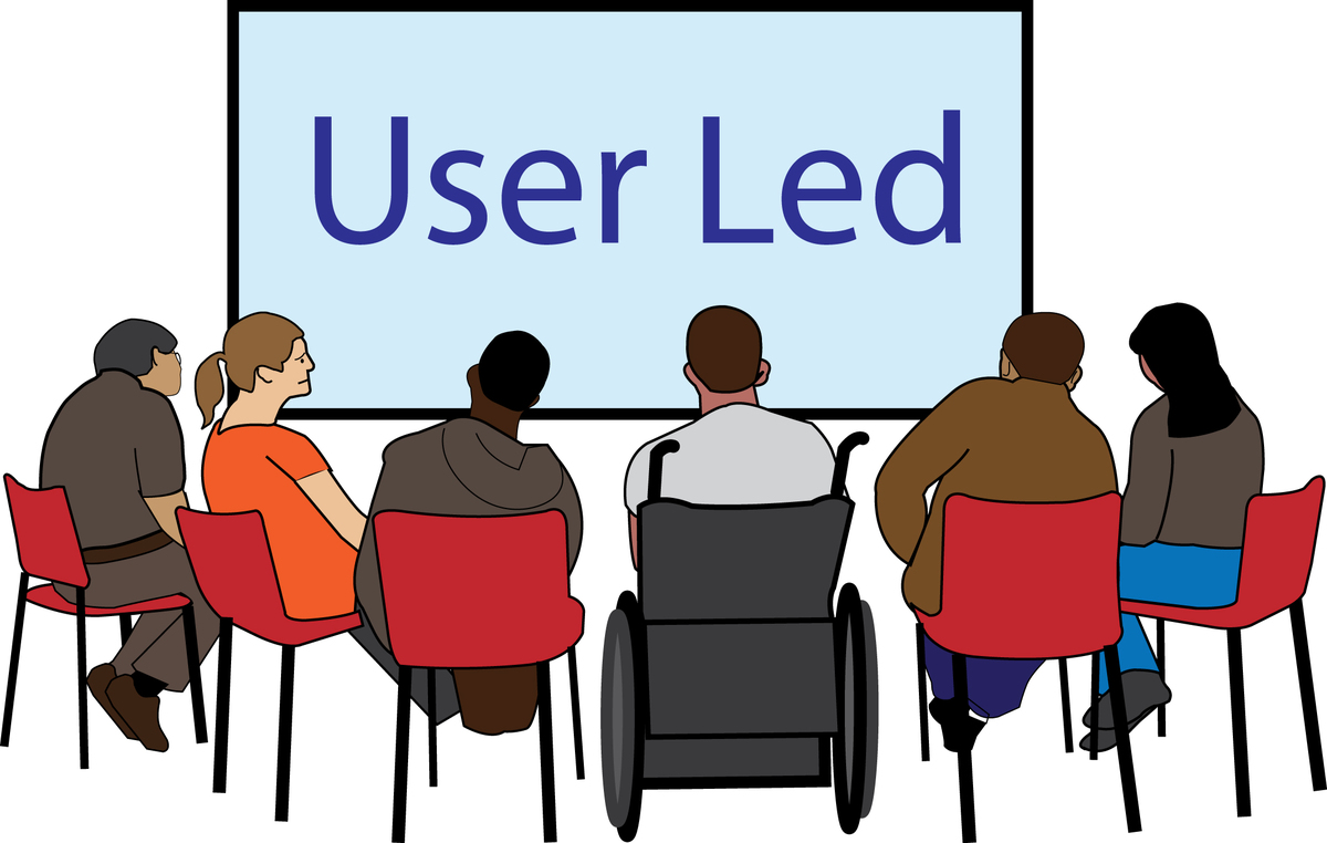A group of people looking at a board that says User Led