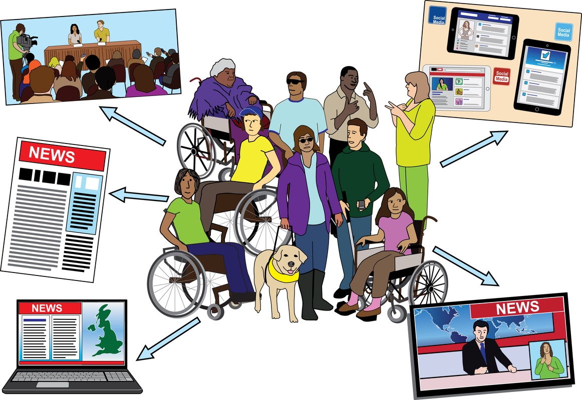 A diverse group of Disabled people surrounded by images representing news and media