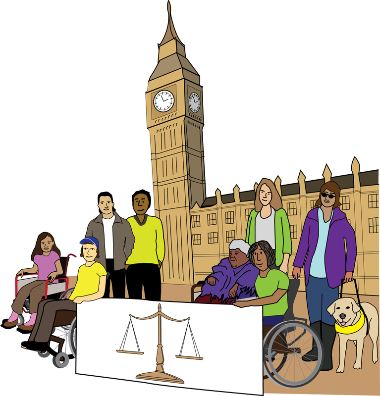 A diverse group of people of all ages, ethnicities and disabilities around an image of weighing scales representing justice, standing in front of Parliament