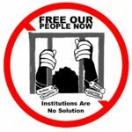 Logo for the Fee Our People Now campaign - a person behind bars in a red circle
