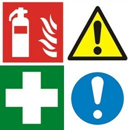 Health & Safety icons - a fire extiguisher, a hazard sign, a white cross on a green background, & a blue circle with a white exclamation mark
