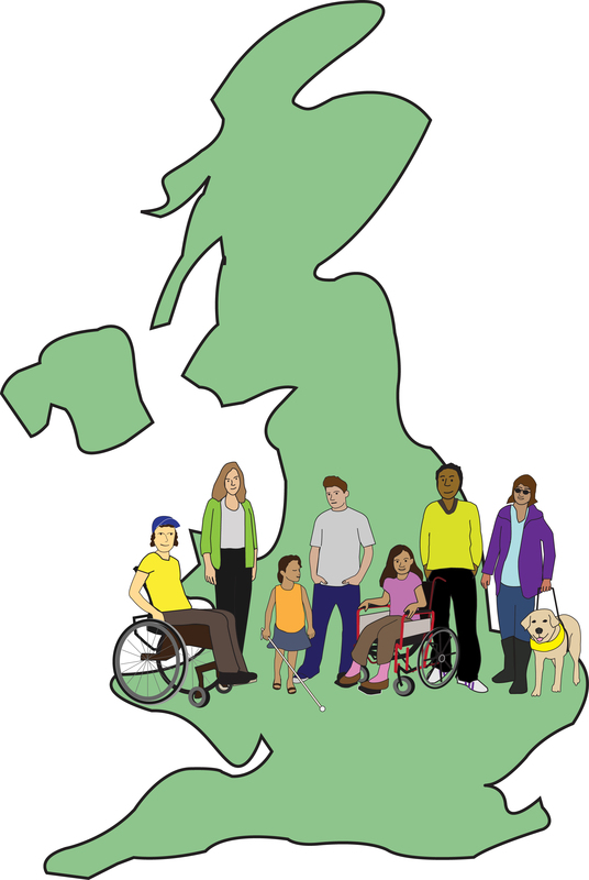 Map of the UK with a group of Disabled People in front of it