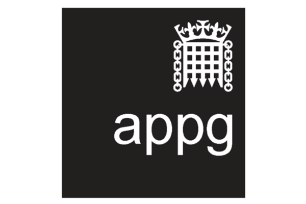 APPG logo - white type on black background