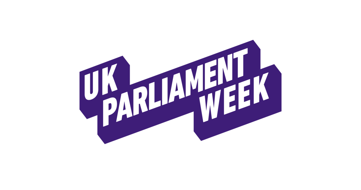UK Parliament Week logo - white block type on purple background
