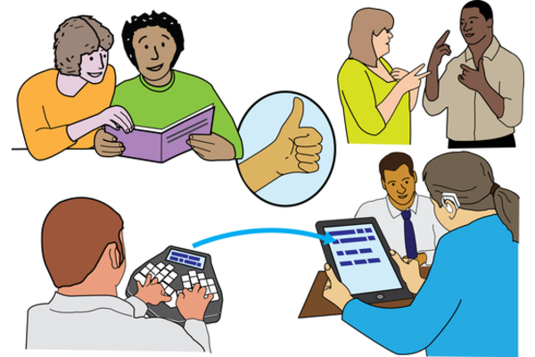 Individuals accessing information via different methods including via a screen reader, sign language and a book