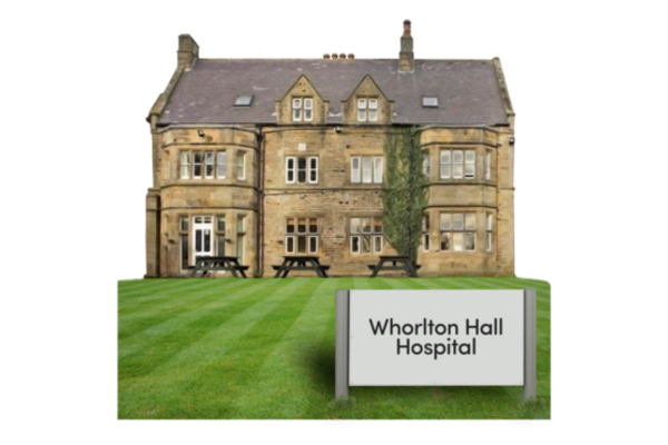 Photo of Whorlton Hall with a sign at the front
