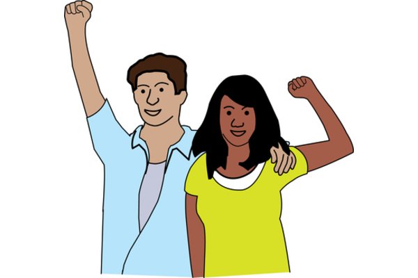 Two people with their arms raised