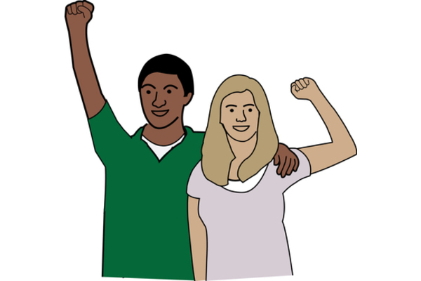 Two people with their arms raised