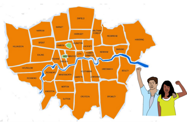 Map of London with the 32 boroughs outlined and two self advocates to the right with their arms help up in solidarity.