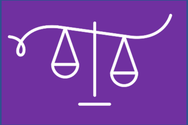 White line drawing of justice scales on purple background