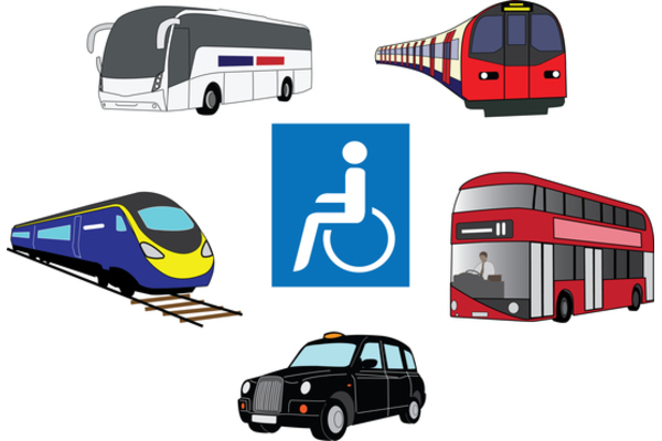 Different modes of transport (tube, bus, taxi, train, coach) around a Disability icon