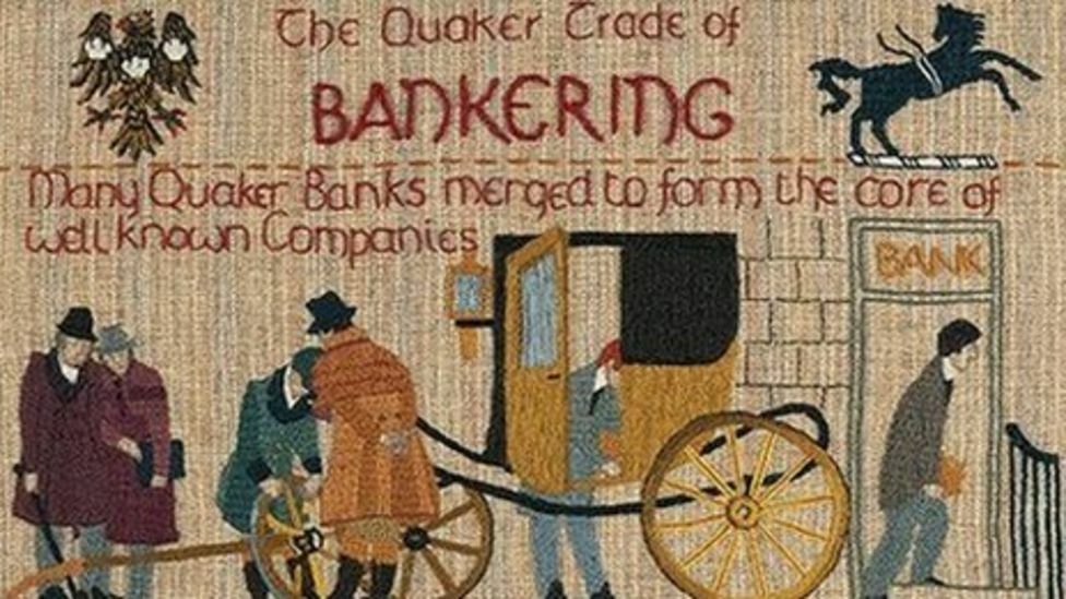 section of Quaker tapestry shows early Quakers at the bank 