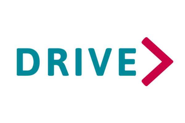 The Drive logo: Drive written in teal text with a red arrow