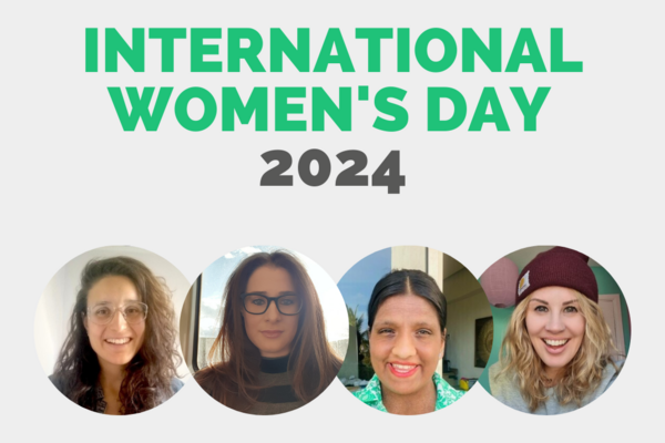 An image showing Olga Trilla Rodriguez, Katy Mutemi, Tina Patel and Amy Hewitt, with the text "International Women's Day 2024"
