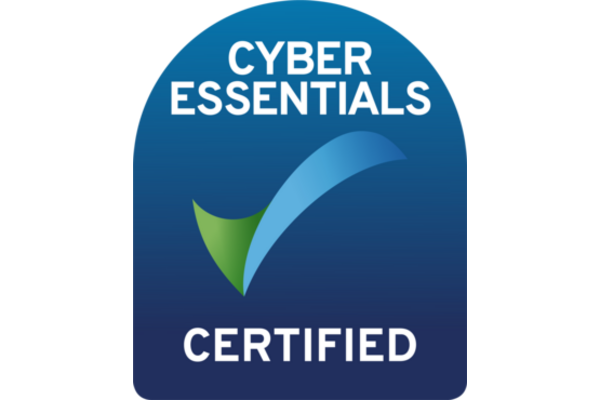 Image shows the logo for "cyber essentials certified" which features a blue background, and a green and blue tick.