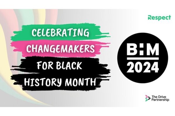 A graphic with a semi-transparent background which has strips of colours of the Black History Month Flag, red, gold and green, on the left hand side. On top of that, blocks of green, pink and black contain the words 'Celebrating changemakers fo Black History Month.' On the right, there are logos for Respect, the Drive Partnership and Black History Month 2024, which is larger than the others.