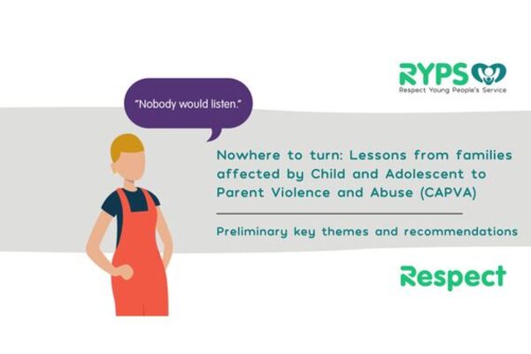 A graphic of a person saying 'Nobody would listen.' Text says Nowhere to turn: Lessons from families affected by CAPVA. Preliminary key themes and recommendations.' Logos for Respect and Respect Young People's Service.