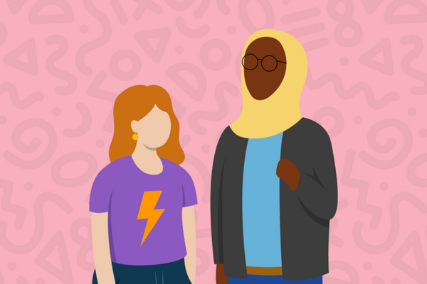 An illustration of two women standing next to each other against a pink background. One woman is shorter, she has white skin, red hair and is wearing a purple t shirt with a lightning bolt. The other woman is taller, she has brown skin and is wearing a blue t shirt, a yellow headscarf and glasses.