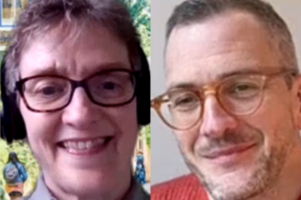 A screenshot from an online interview with Professor Catherine Donovan and Dr James Rowlands. They are both smiling at the screen. 