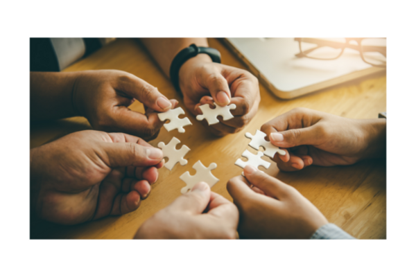 A photo of hands in a range of skin tones holding puzzle pieces.