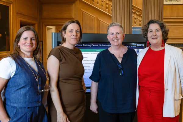 A photo of Jess Phillips, Minister for Safeguarding and VAWG, with Jo Todd of Respect, Ellen Miller of SafeLives and Sara Jones of Social Finance. They are all smiling at the camera.
