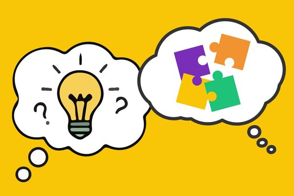 A yellow graphic with two thought bubbles. One has a lightbulb and question marks and one has puzzle pieces.