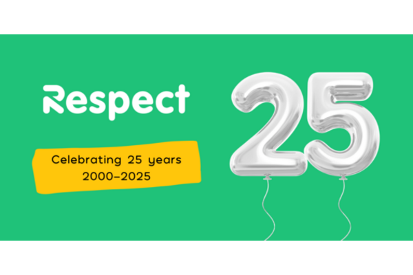 A green graphic with the Respect logo and a yellow box with text saying 'Celebrating 25 years 2000-2025' and silver balloons shaped in the number 25