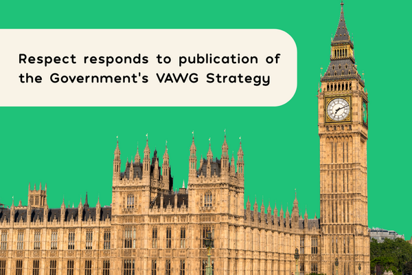 A green graphic with a photo of the Houses of Parliament and Big Ben. An off-white bubble has black text which says 'Respect responds to publication of Government VAWG strategy'.