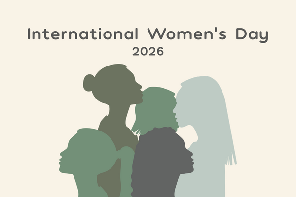 Pale cream background. International Women's Day in black writing across the top. faded image of different types of women below. 