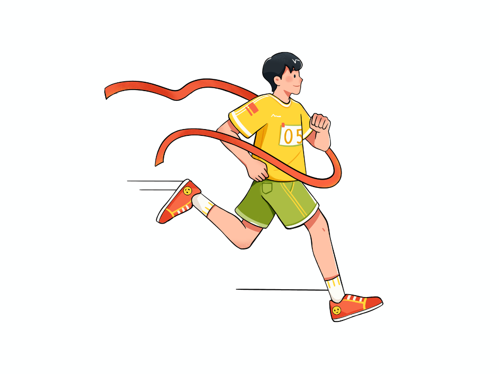 Animated drawing of a person running through the finish line