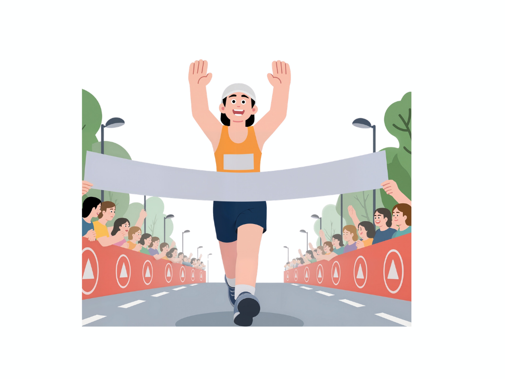 Cartoon image of a person getting to the end of the race