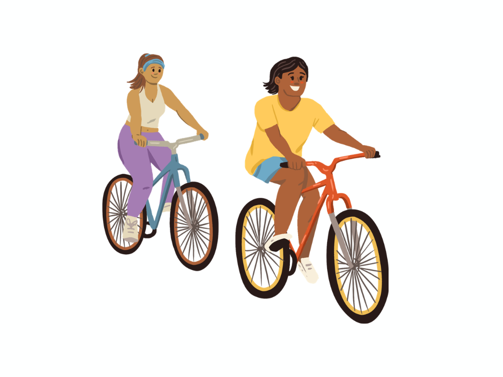 Cartoon image of two women riding bikes