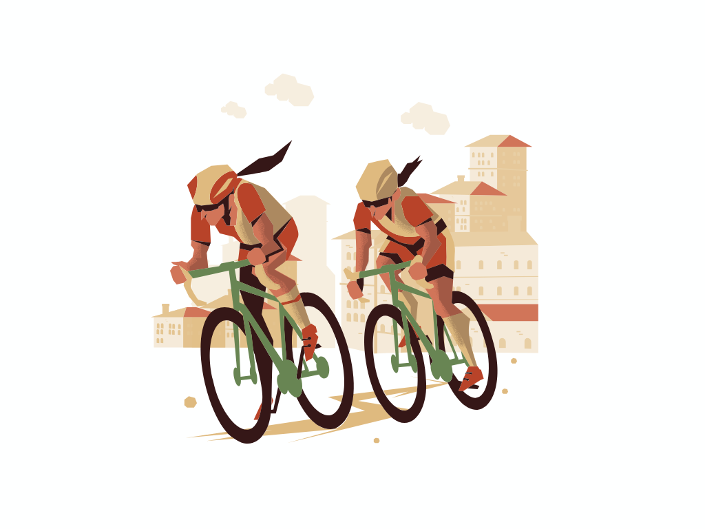 Drawing of two people on bikes riding through a city