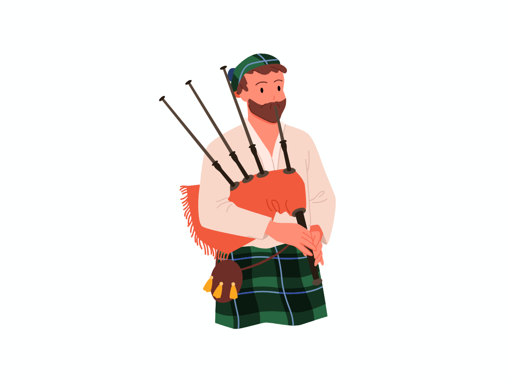 Graphic image of a man with bagpipes wearing a kilt